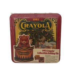 VTG 1992 Crayola Collectible Holiday Tin With Bear Ornament & 64 Crayon Box Date